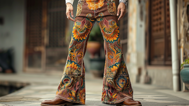 Colorful embroidered bell-bottom pants with bold psychedelic floral patterns and flared legs, paired with brown boots for a retro 70s wedding look