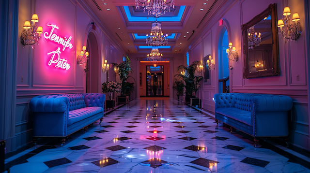 Custom Neon Sign Elegant wedding hallway with pink neon “Jennifer & Peter” sign glowing above a blue velvet sofa, chandeliers, and dramatic uplighting reflecting off black-and-white marble floors