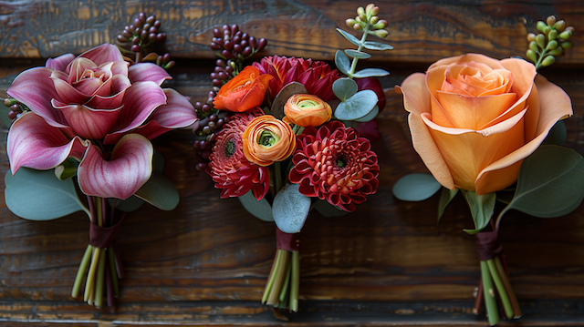 Deep jewel-tone wedding boutonniere with orange ranunculus, burgundy mums, berries, and eucalyptus, styled against rustic wood for a rich groovy floral look