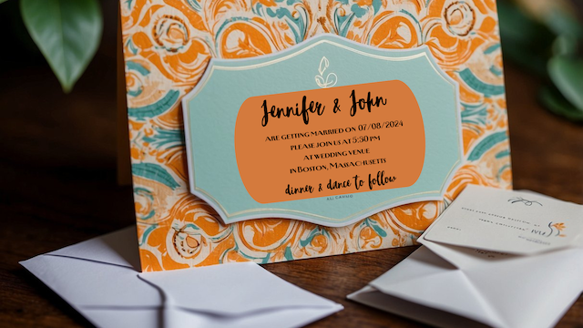 Retro wedding invitation with bold orange and teal marbled design, featuring playful script names and matching envelopes for a vibrant groovy celebration look