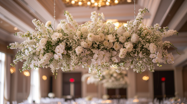 Include Unique Floral Arrangements Elegant suspended wedding floral arrangement featuring cascading white orchids, roses, and baby's breath, creating a luxurious ceiling centerpiece in a grand ballroom