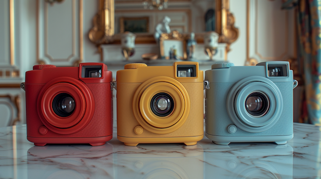 Interactive Guest Book Three colorful retro-style instant cameras in red, mustard yellow, and powder blue displayed on a marble surface in an elegant, gold-accented room