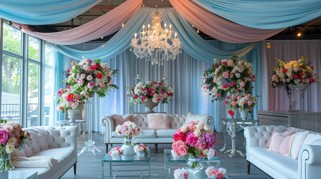Luxury Guest Lounge Elegant wedding lounge with blush and blue draped ceiling, sparkling chandelier, and luxurious white sofas surrounded by lush pink floral arrangements