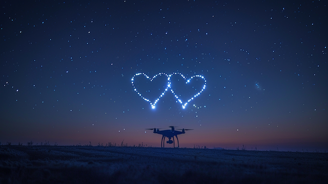 Magical Light Show with Drones Drone light show at a wedding featuring two glowing blue hearts in the night sky, creating a romantic display against a starry backdrop