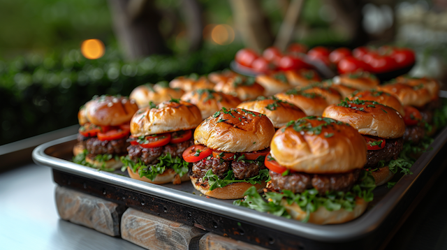 Midnight Snack Bar Tray of gourmet mini burgers topped with lettuce, tomato, and herbs, arranged neatly on a serving platter for a late-night wedding snack bar