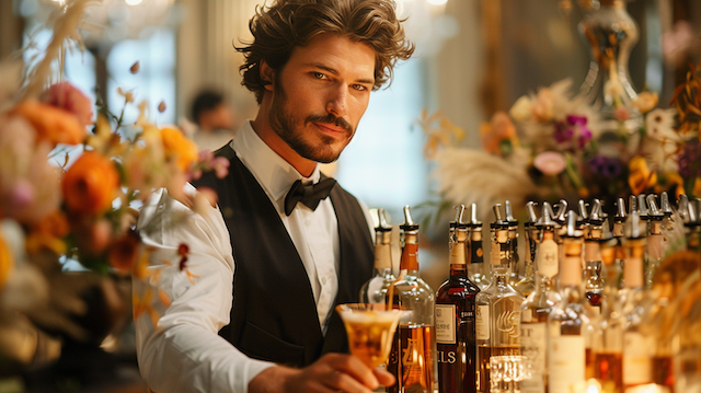 Mixologist Cocktail Station Stylish wedding bartender in a black vest and bow tie presenting a crafted cocktail across a bar lined with premium liquor bottles and warm floral arrangements