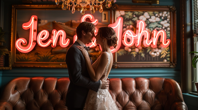 Romantic wedding couple embracing in front of a glowing custom neon sign with their names, framed by vintage artwork and a cozy tufted leather sofa