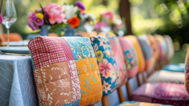 Colorful quilted chair covers in mixed patchwork patterns and bright retro fabrics line a reception table, adding cozy boho flair to a vibrant outdoor wedding setting