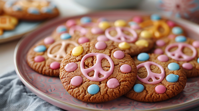 Plate of golden cookies decorated with pink icing peace signs and pastel candy dots, a playful dessert idea for a groovy wedding reception
