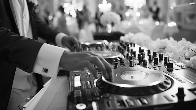 Personalized Wedding Playlist Black and white photo of a wedding DJ in a tuxedo adjusting controls on a sleek turntable and mixer, setting the perfect mood for the reception