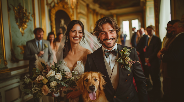 Pet Guest Appearance Bride and groom walking down the aisle with their dog, smiling joyfully as guests celebrate behind them in an elegant wedding setting