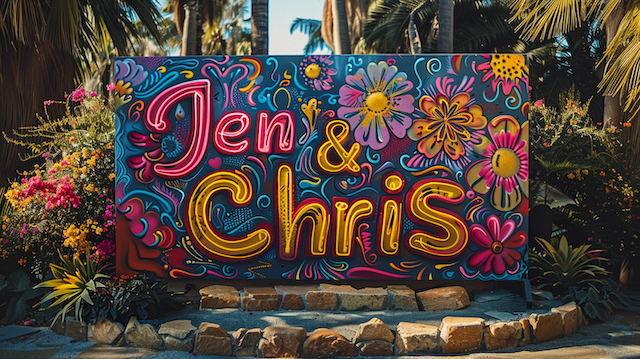 Psychedelic wedding welcome sign with bold neon lettering reading “Jen & Chris,” surrounded by colorful retro floral artwork and tropical greenery outdoors