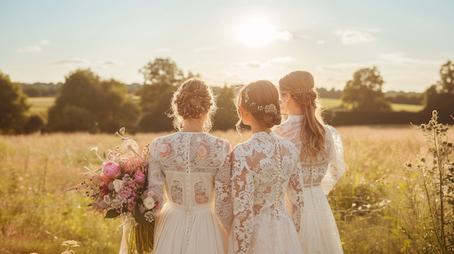Three bridesmaids in romantic vintage-style lace dresses stand in a sunlit meadow holding a wildflower bouquet, glowing in soft golden hour light