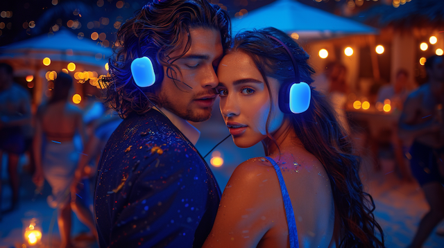 Silent Disco Bride and groom dancing closely at a silent disco wedding under twinkling lights, wearing glowing blue headphones and surrounded by guests enjoying the vibrant atmosphere