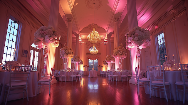 Special Lighting Grand wedding reception hall with tall floral centerpieces, pink and amber uplighting, chandeliers, and elegant white table settings