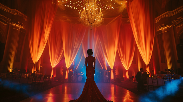 Surprise Guest Entertainer Female Singer silhouetted in front of a grand chandelier and dramatic orange drapery, creating a cinematic and luxurious wedding reception entrance