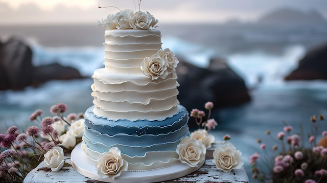 Themed Wedding Cake Three-tier ocean-inspired wedding cake with white and blue ombré ruffled icing, adorned with ivory sugar roses, set against a scenic coastal backdrop