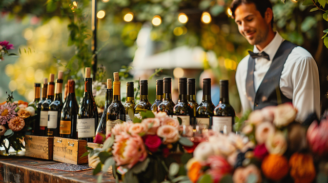 Wine Tasting Bar Elegant outdoor wine-tasting bar at a wedding reception with a sommelier behind a beautifully styled display of wine bottles, vibrant floral arrangements, and warm string lights