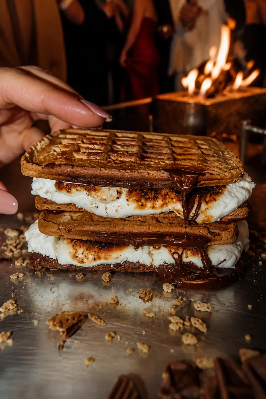 33 Jaw-Dropping Ways to Wow Your Wedding Guests at the Reception 18 Hand lifting a chocolate waffle from stacked s’mores filled with toasted marshmallow and dripping melted chocolate