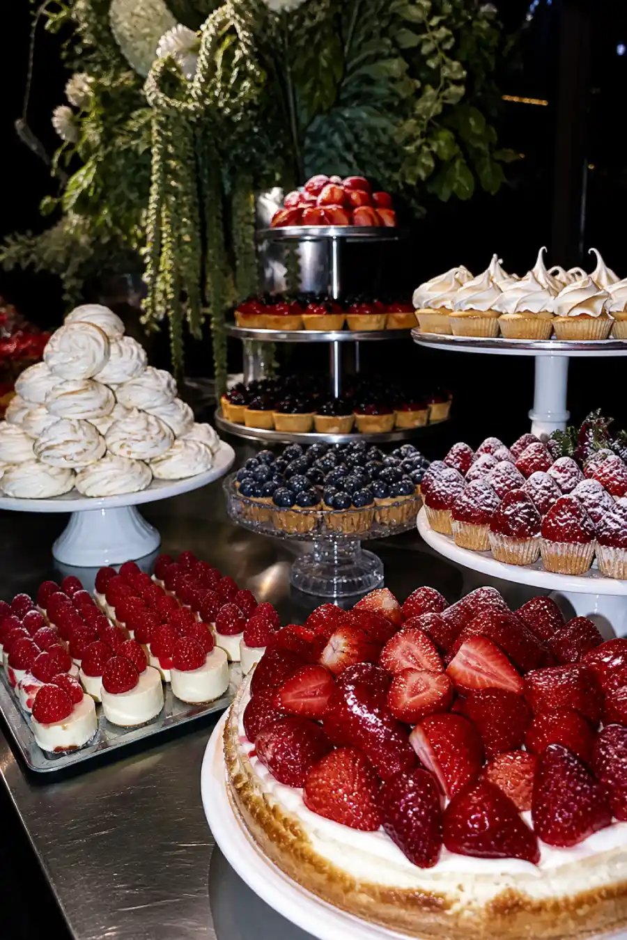 33 Jaw-Dropping Ways to Wow Your Wedding Guests at the Reception 11 Berry tarts, meringues and fruit desserts fill a stainless steel station illuminated by a direct flash at an evening wedding