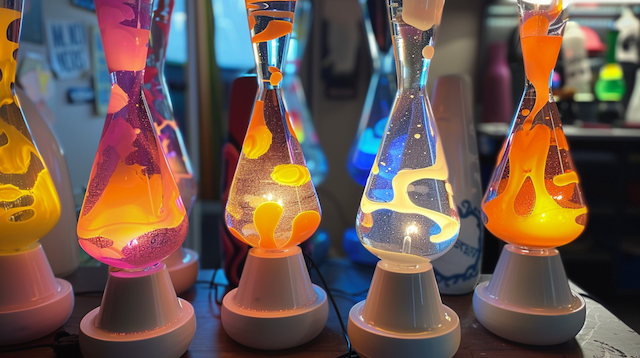 Row of colorful lava lamps glowing in pink, orange, yellow, and blue hues, creating a retro psychedelic lighting display perfect for a groovy wedding décor scene