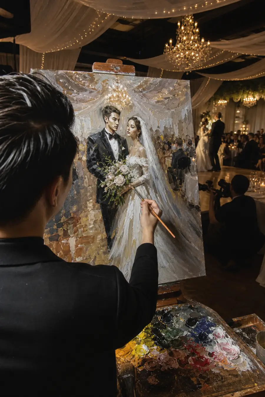 33 Jaw-Dropping Ways to Wow Your Wedding Guests at the Reception 3 Live painter adds details to a newlywed portrait while the couple dances beyond the canvas at their candlelit reception hall.