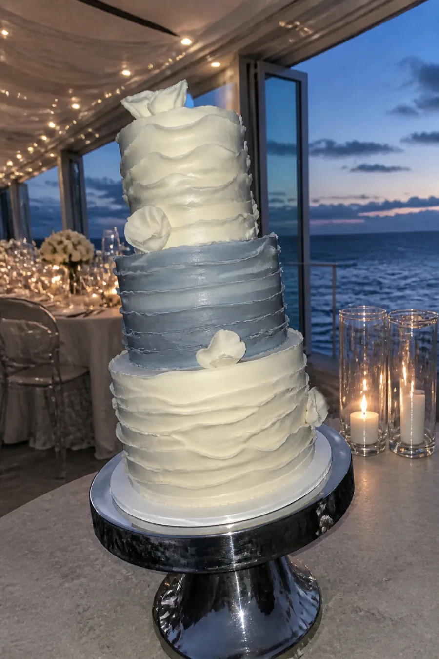 33 Jaw-Dropping Ways to Wow Your Wedding Guests at the Reception 17 Three-tier ivory and slate-blue wedding cake displayed at a candlelit oceanfront reception overlooking the sea below at dusk