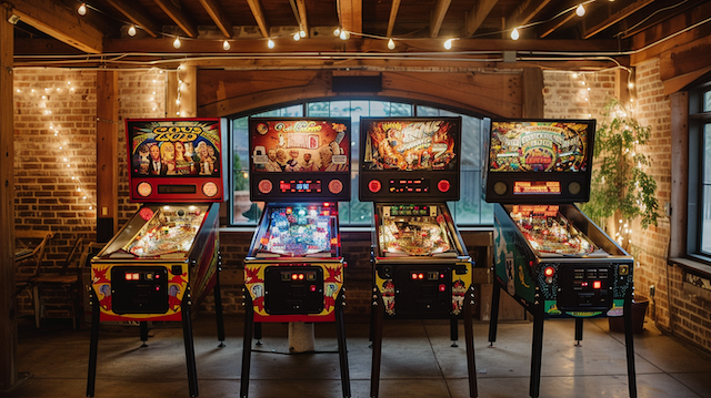 Row of vintage pinball machines glowing with colorful lights inside a rustic venue with string lights, creating a nostalgic retro arcade vibe for wedding guests
