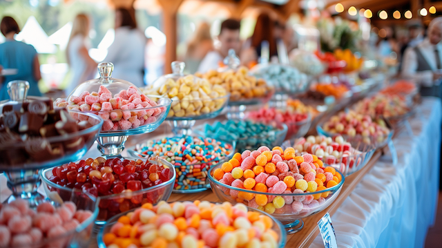 Candy bar at wedding reception with glass bowls of gummies, sour candies, and chocolates arranged along a buffet table