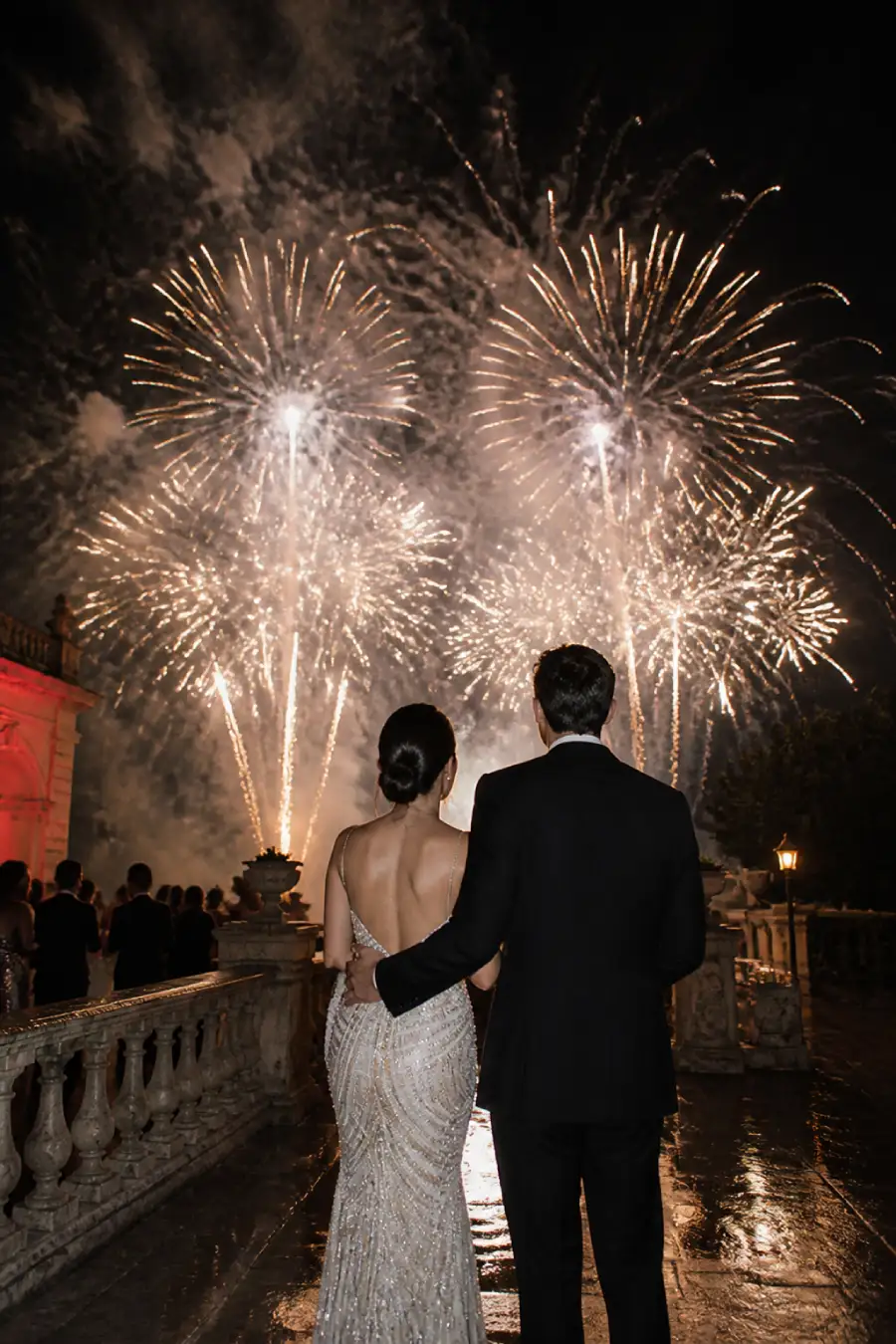 33 Jaw-Dropping Ways to Wow Your Wedding Guests at the Reception 14 Newlyweds watch pale and gilt fireworks fill the night sky over a wet stone terrace at their wedding celebration at midnight.