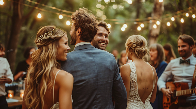 Outdoor wedding reception with guests laughing and mingling under warm string lights, with two brides in lace gowns and groomsmen enjoying the celebration