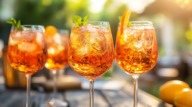 Four Aperol Spritz cocktails garnished with mint and orange slices, served over ice in large glasses with a sunny outdoor backdrop