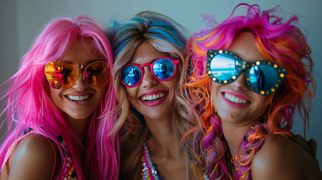 Funky_Wigs_Bright_colorful_wigs_photo booth props Three guests with bright neon wigs and bold sunglasses smiling together at a wedding photo booth for fun party portraits
