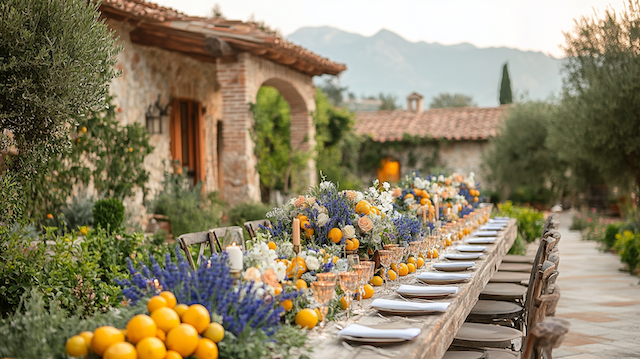 Long table set for an outdoor Tuscan wedding, with lemons, lavender, candles, and a rustic stone villa with mountains in the background