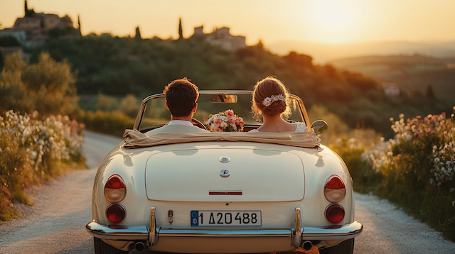 Italian Inspired Wedding: Timeless Elegance for Your Special Day 27 ```hrp-text 🛠 Using python... ``` Bride and groom drive a vintage white convertible through Tuscan countryside at golden hour with wildflowers lining the road