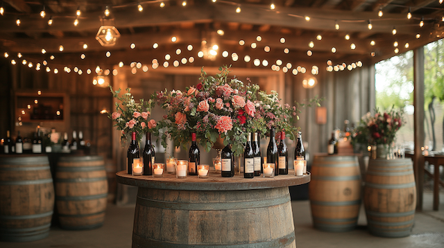 Rustic wedding reception featuring wine barrels as tables, with beautiful floral arrangements and candles in a warmly lit barn setting