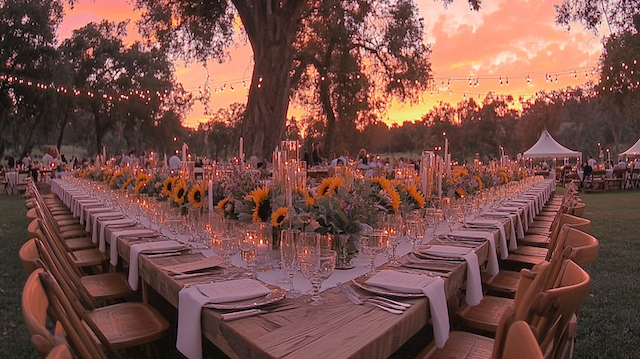 Outdoor Italian-inspired wedding reception at sunset, featuring long wooden tables adorned with sunflowers, candles, and elegant glassware, under string lights in a rustic garden setting