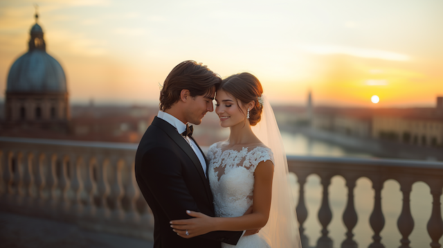 Romantic sunset photo of a bride and groom embracing, with the bride wearing a lace gown and the groom in a tuxedo, set against a scenic Italian city skyline