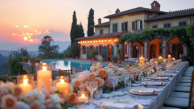  ```hrp-text 🛠 Using python... ``` Candlelit long table by a Tuscan villa and pool at sunset, set with peach roses, greenery, and glassware under string lights