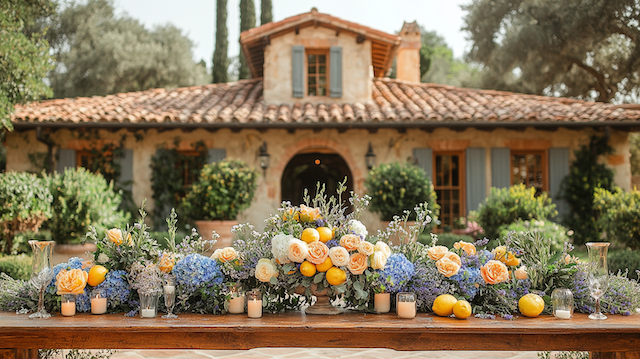Rustic Italian-inspired wedding table adorned with yellow and soft peach roses, lavender, and lemons, set against a charming villa backdrop