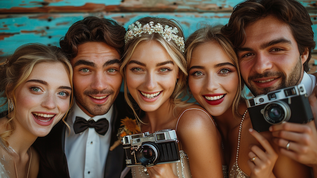23 Must-Have Wedding Photo Booth Props for Unforgettable Moments 28 Close up of smiling bride and friends at a wedding photo booth, posing with vintage cameras against a colorful rustic wood backdrop