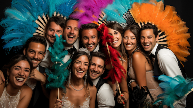 Wedding guests posing with colorful feather fans Wedding party laughs against a black backdrop, holding teal, magenta, red and orange feather fans for a lively wedding photo booth portrait