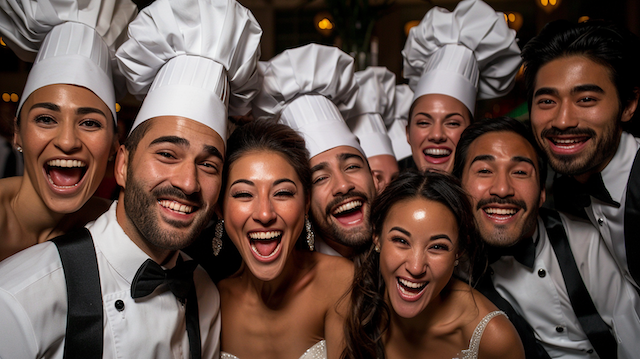 Wedding guests posing with Chef Hats Friends in tuxedos and gowns wear tall chef hats and laugh together, posing close for a lively wedding photo booth under warm lights