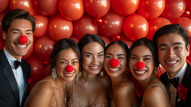 Wedding guests posing with Clown Noses Friends in tuxedos and sparkly gowns wear red clown noses and smile in front of a wall of red balloons at a playful wedding photo booth
