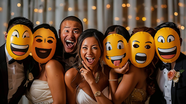 Wedding guests posing with Emoji Masks Friends in tuxedos and gowns hold bright emoji face masks and laugh together under warm lights at a lively wedding photo booth