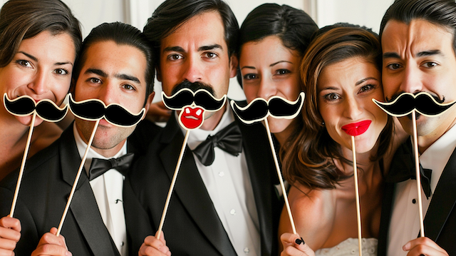 Wedding guests posing with Funky Mustache and Lipstick Props Guests in tuxedos and gowns hold mustache and red lip props to their faces, smiling together at a lively wedding photo booth