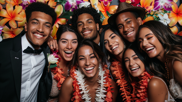 Wedding guests posing with Hawaiian Leis Friends in tuxedos and gowns wear bright Hawaiian leis and smile together before a vivid tropical flower backdrop at a wedding photo booth