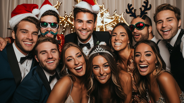 Wedding guests posing with Holiday-Themed Props Wedding guests in tuxedos and gowns wear Santa hats reindeer antlers glitter glasses and a tiara, laughing together in a festive photo booth