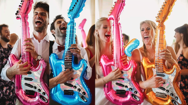 Wedding guests posing with Inflatable Guitars Guests laugh and rock out with pink blue and gold inflatable guitars at a lively wedding photo booth under warm light