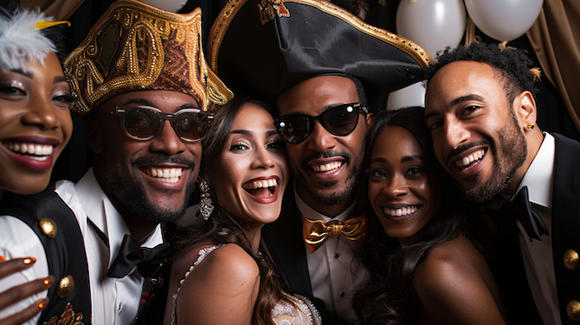 Wedding guests posing with Pirate Accessories Friends in tuxedos and gowns wear ornate pirate hats and sunglasses as they huddle close and smile at a festive wedding photo booth